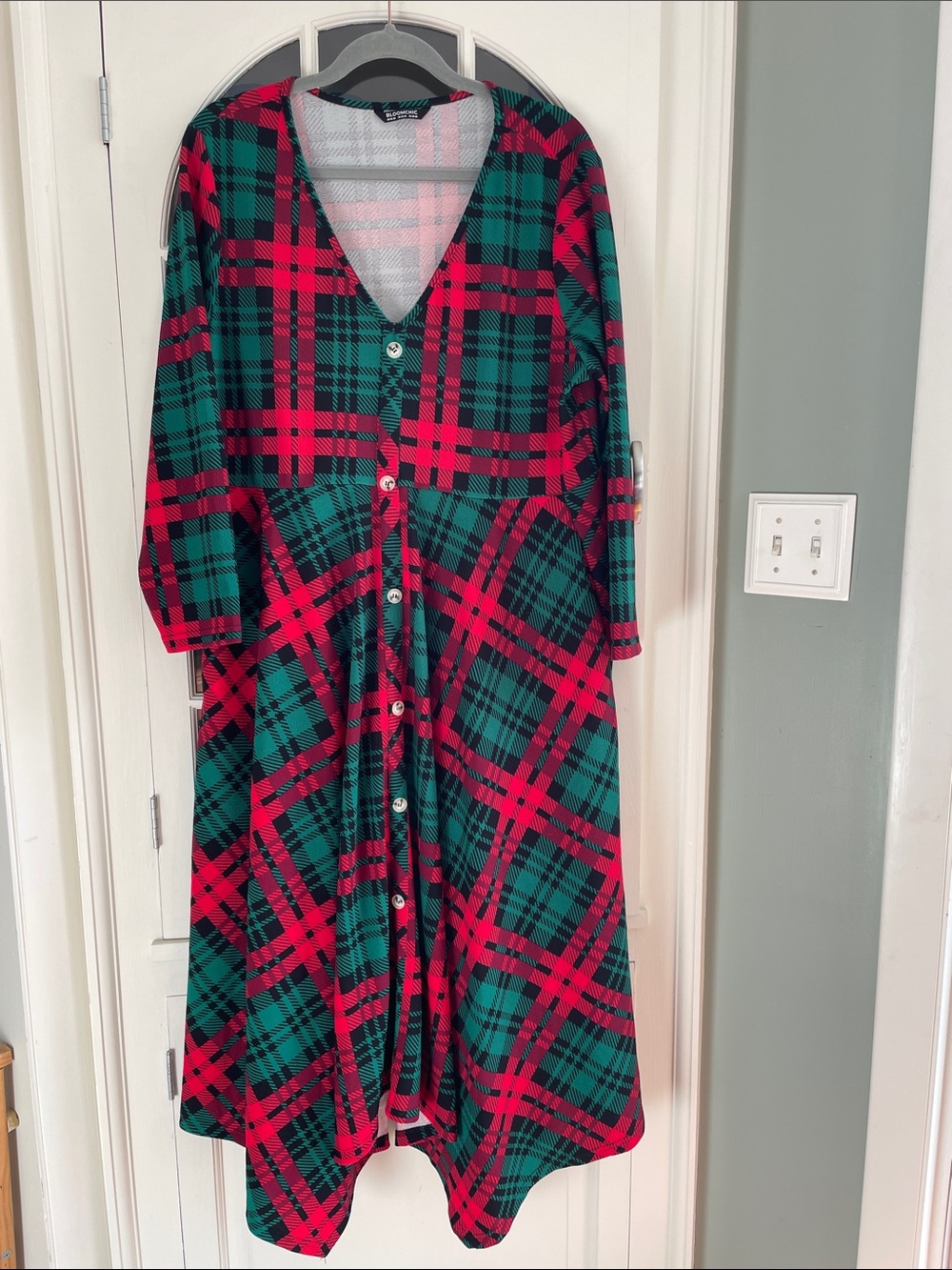 BloomChic Red & Green Plaid Button-Front V-Neck Long Sleeve Dress with Hanky Hem